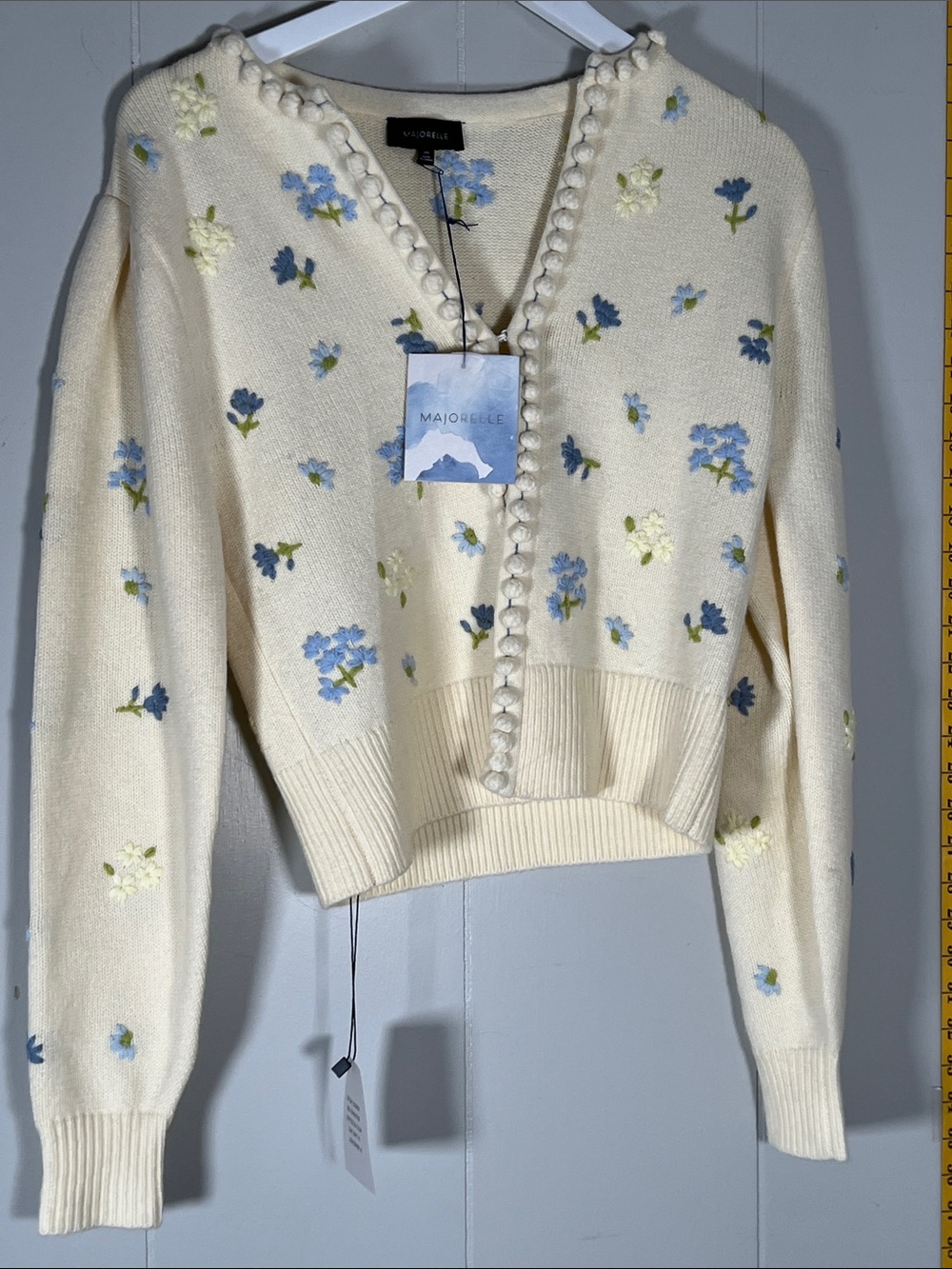 MAJORELLE Talia Cardigan in Ivory
Pom-Trim Floral Cardigan